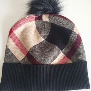 Rachel Zoe Tartan Check Knit Beanie With Pom Pom